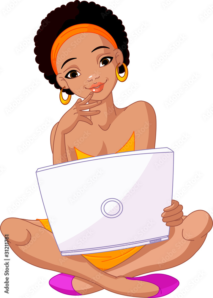 Young African woman sitting on cushion with laptop Young African woman sitting on cushion with laptop