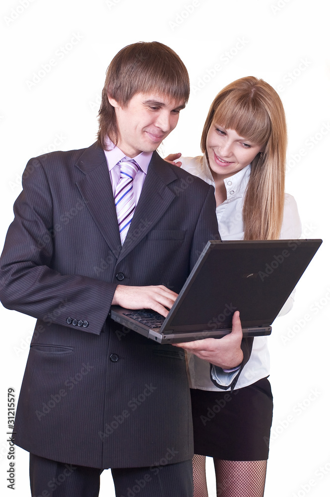 Business Man and Woman Team Working on Laptop Computer Business Man and Woman Team Working on Laptop Computer