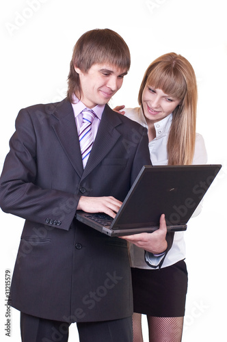 Business Man and Woman Team Working on Laptop Computer