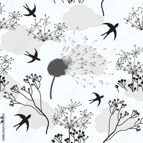 Seamless pattern with dry flowers, swallow and clouds