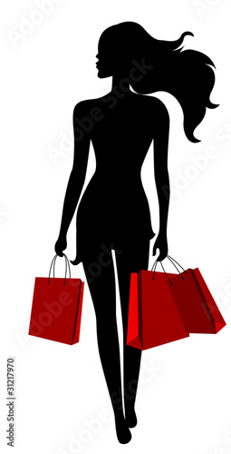 Black silhouette of young woman and red bags