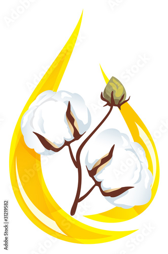 Cotton seed oil. Stylized drop of oil and a sprig of cotton insi