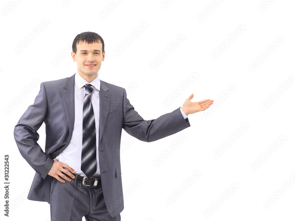Happy business man showing something on the palm Happy business man showing something on the palm
