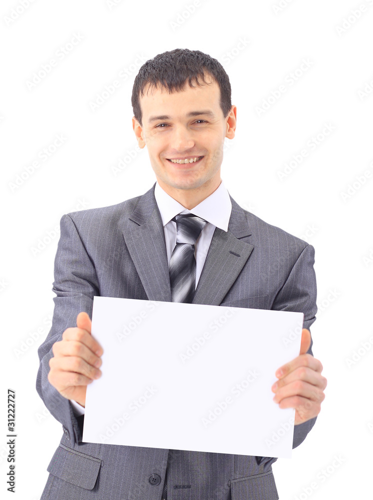 Young businessman showing signboard, isolated on Young businessman showing signboard, isolated on