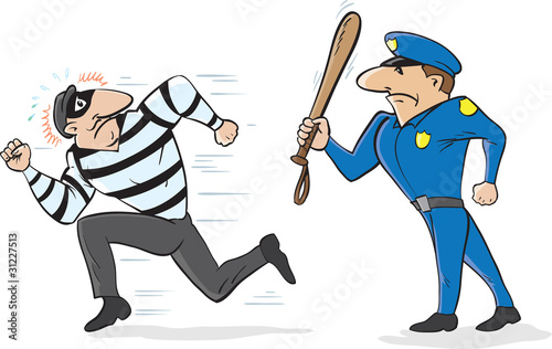 Cartoon of a policeman scaring away a burglar