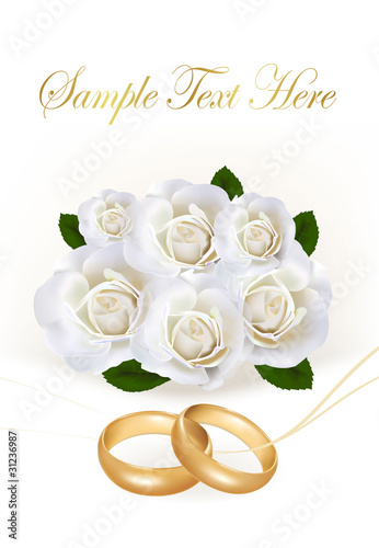 Wedding rings and roses bouquet. Vector illustration.