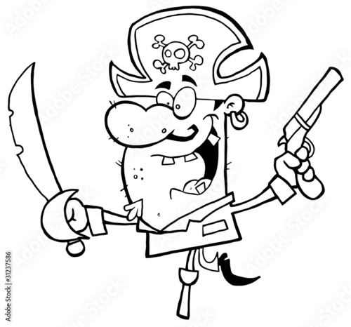 Pirate Brandishing Sword And Gun Balances On Peg Leg