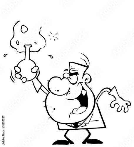 Outlined Scientist Man Grinning And Holding A Laboratory Flask