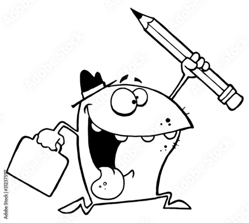 Outlined Businessman Shark Running With A Briefcase And Pencil