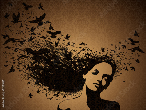 Woman with a birds flying from her hair.