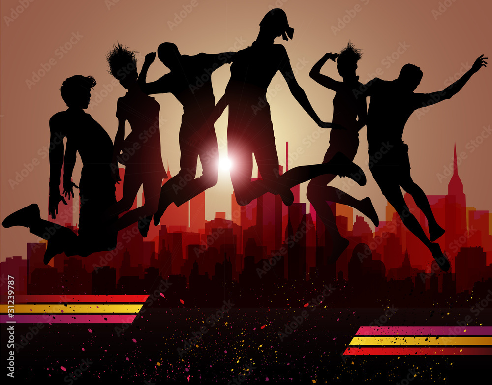 Jumps over city. Party background, vector illustration.