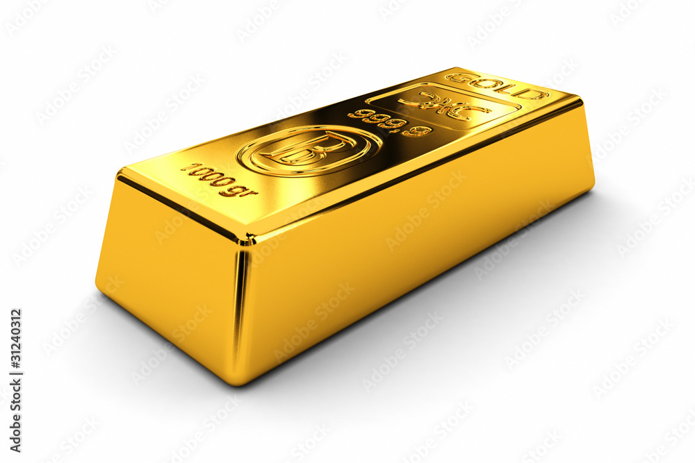A single gold bar laying over white background