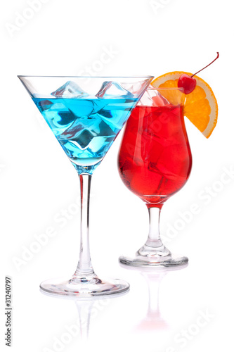 Two tropical cocktails: blue and red