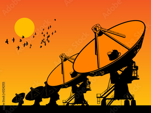 Radio telescopes and sunrise, vector illustration