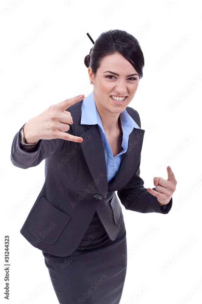 business woman making a rock and roll sign business woman making a rock and roll sign