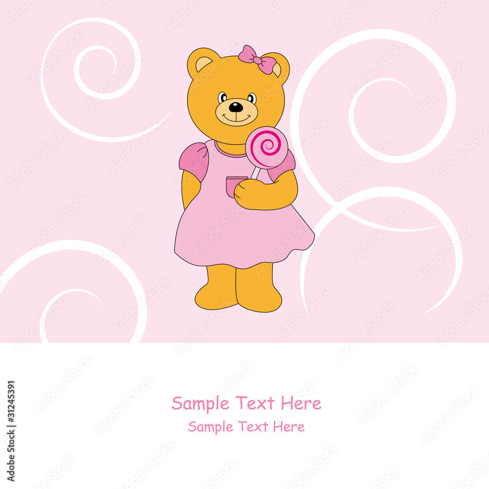 Tarjeta infantil. Osa con un vestido color rosa Tarjeta infantil. Osa con un vestido color rosa