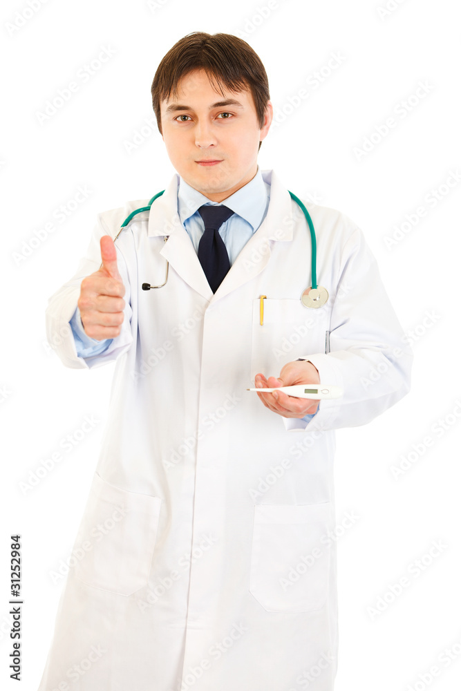 Doctor holding medical thermometer and showing thumbs up Doctor holding medical thermometer and showing thumbs up
