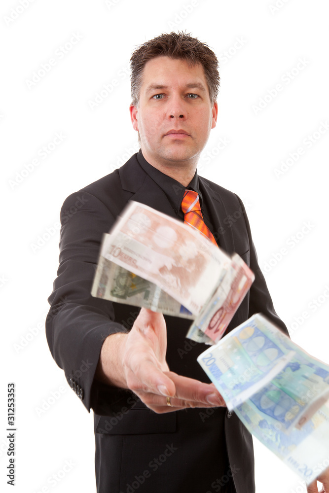 businessman throws euro money over white background businessman throws euro money over white background