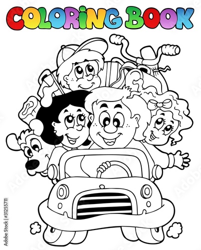Coloring book with family in car