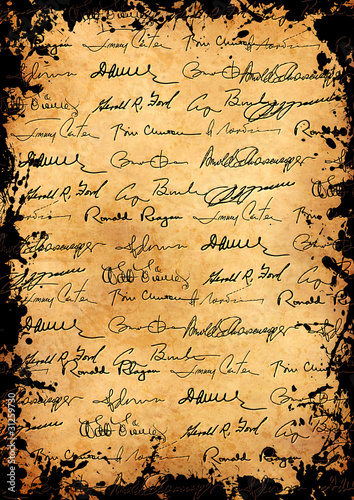 illustration of old grunge parchment with different signatures.