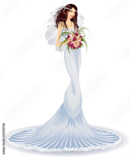 Beautiful bride in wedding dress with bouquet of roses