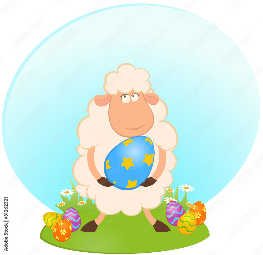 Fototapeta premium Easter sheep with colored egg. Easter card