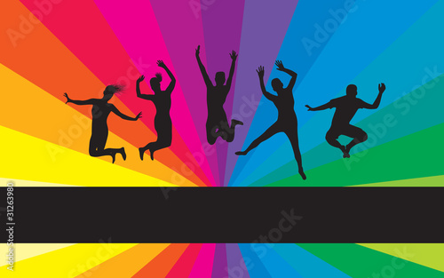 people jumping on a rainbow background