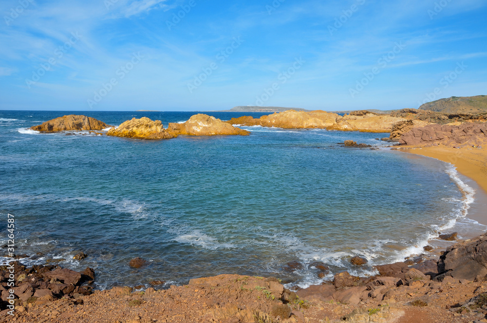 view of Cala Pregonda beach in Menorca, Balearic Islands, Spain