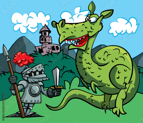 Cartoon of a knight facing a fierce dragon
