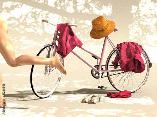 Photography Fahrrad mit Kleidungsstücken und weglaufende Person