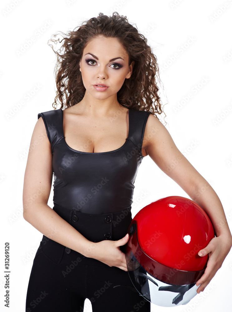 Beautiful sexy woman with stylish makeup and biker helmet Beautiful sexy woman with stylish makeup and biker helmet