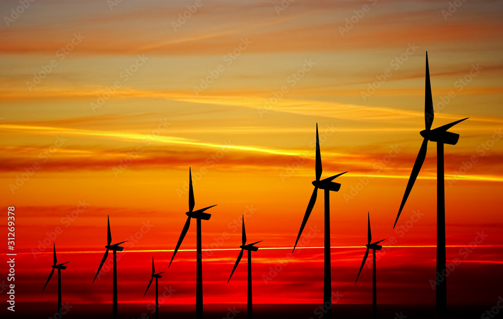 Obraz premium Wind turbines farm at sunset
