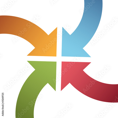 Four curve color arrows converge point center