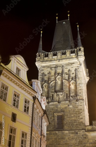 Prague - tower of Charles bridge in the night