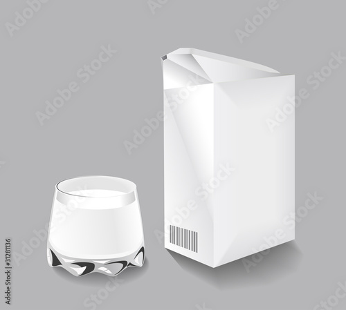 Packaging of milk and a glass.