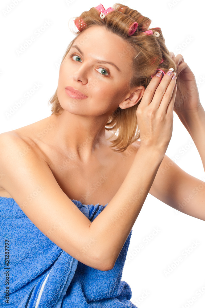 Portrait of young beautiful woman in towel making hairstyle Portrait of young beautiful woman in towel making hairstyle