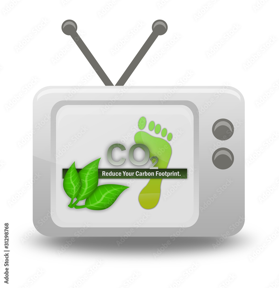 Cartoon-style TV Icon with Carbon Footprint Label on screen Cartoon-style TV Icon with Carbon Footprint Label on screen