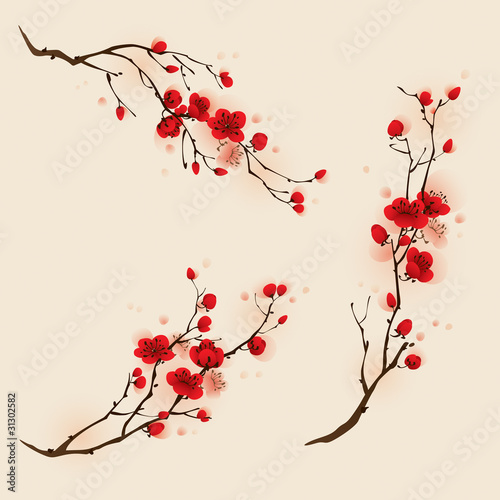 Carta da parati il sakura - Carta da parati Oriental style painting, plum blossom in spring