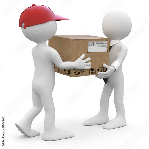 Worker delivering a package to a businessman