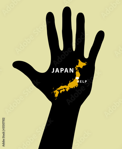 Hand with Japan Map With Seismic Epicenter. Help Japan