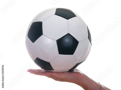 Leather soccer ball and hand    isolated on whiite background