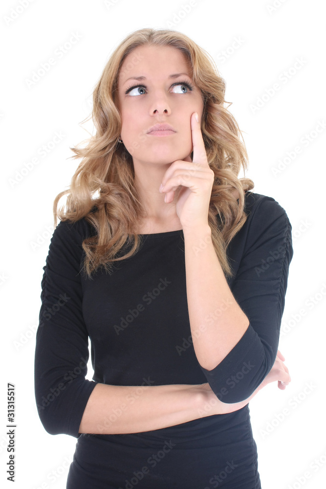 Business woman in black thinking Business woman in black thinking