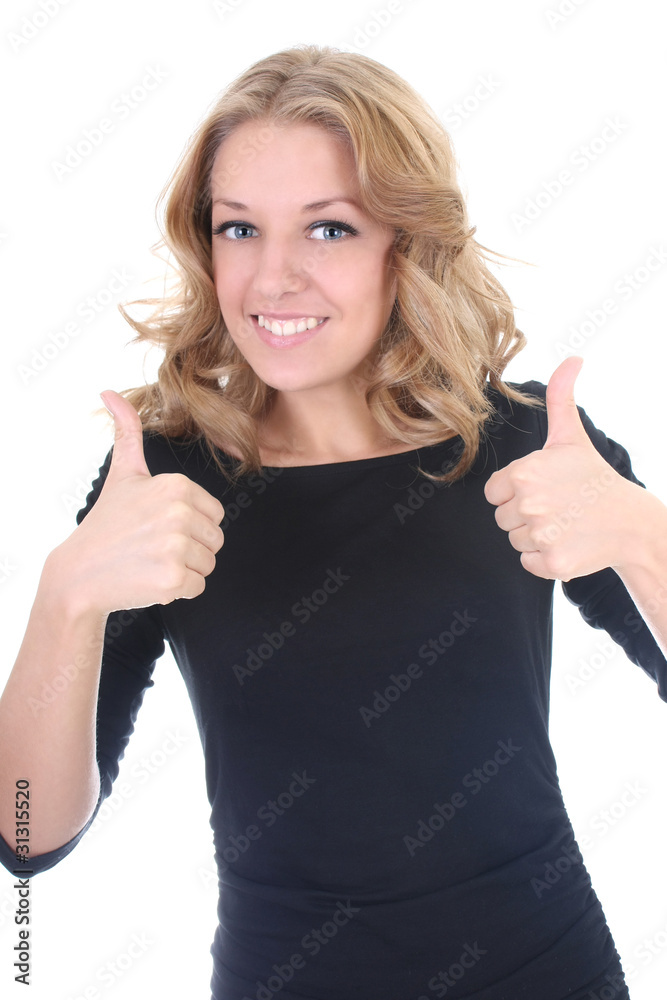 Woman in black showing thumbs up Woman in black showing thumbs up
