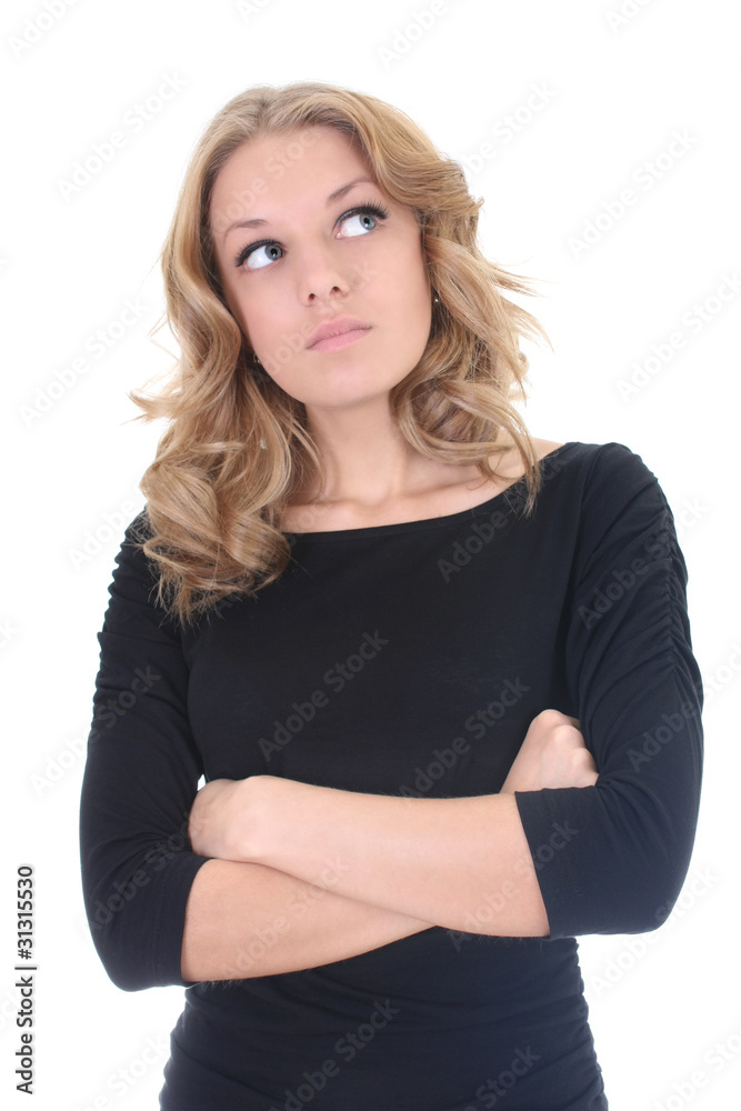 Business woman in black thinking Business woman in black thinking