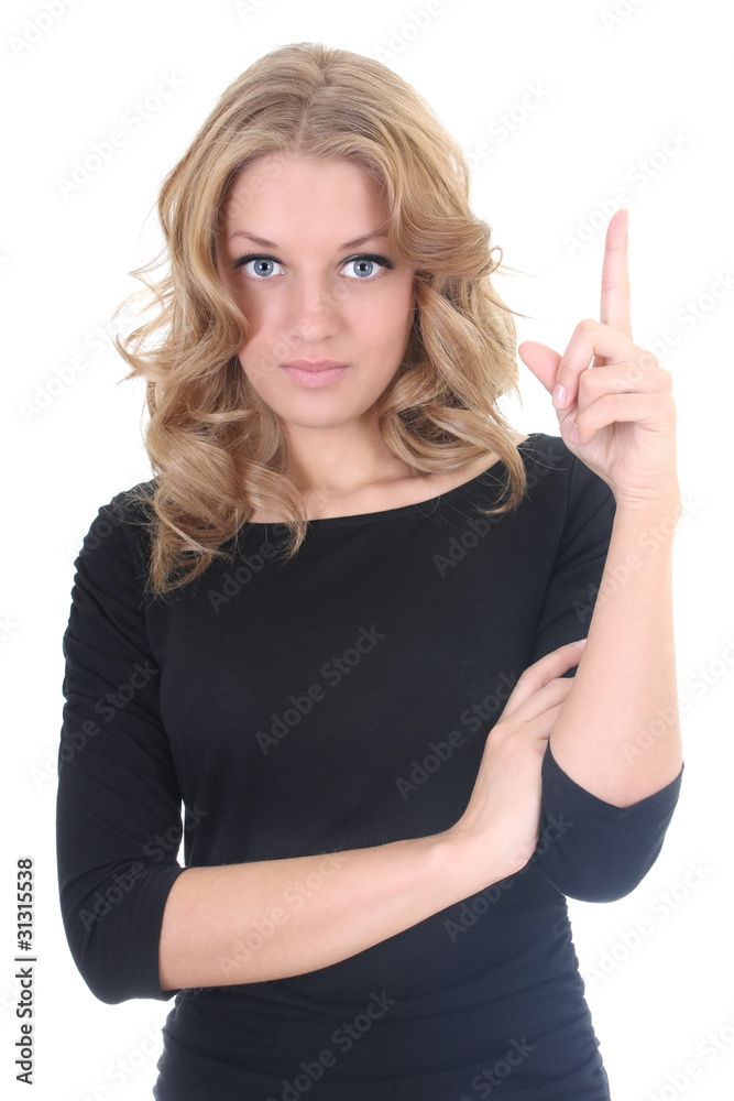 Woman in black showing attention sign Woman in black showing attention sign