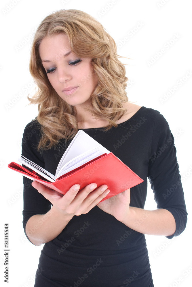Woman in black with red notepad Woman in black with red notepad