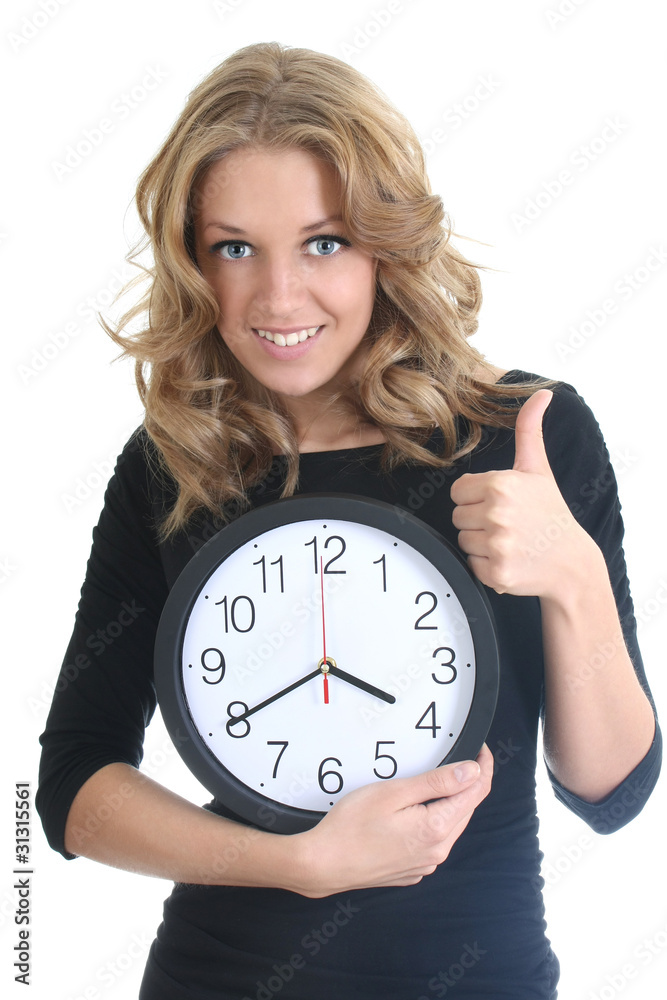 Happy woman in black with clock Happy woman in black with clock