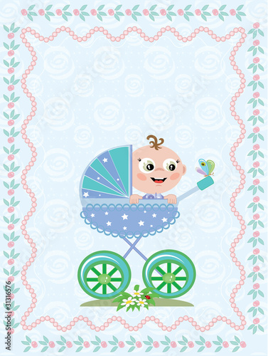 Baby boy in cariage,card