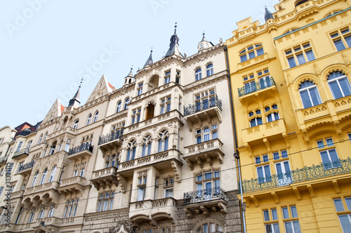 Ornate Facades of buildings in Prague in Czech Republic,Europe