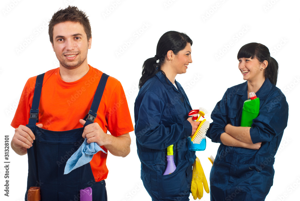 Happy teamwork of cleaning workers Happy teamwork of cleaning workers